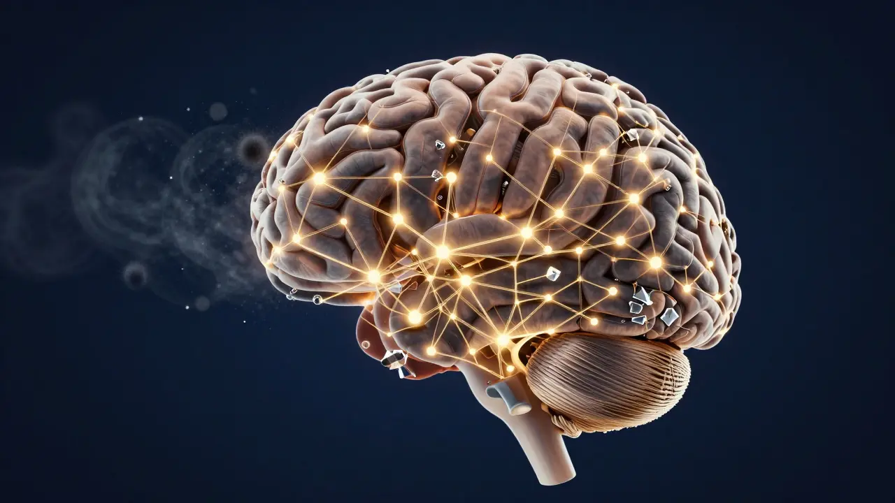 Konceptuální znázornění vlivu THC na neurální spoje v dětském mozku.