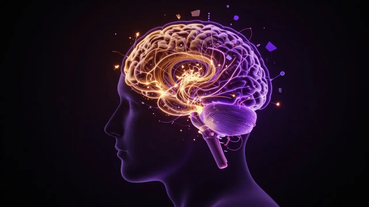 Konceptuální zobrazení chaosu v mozku během abstinenčního syndromu.