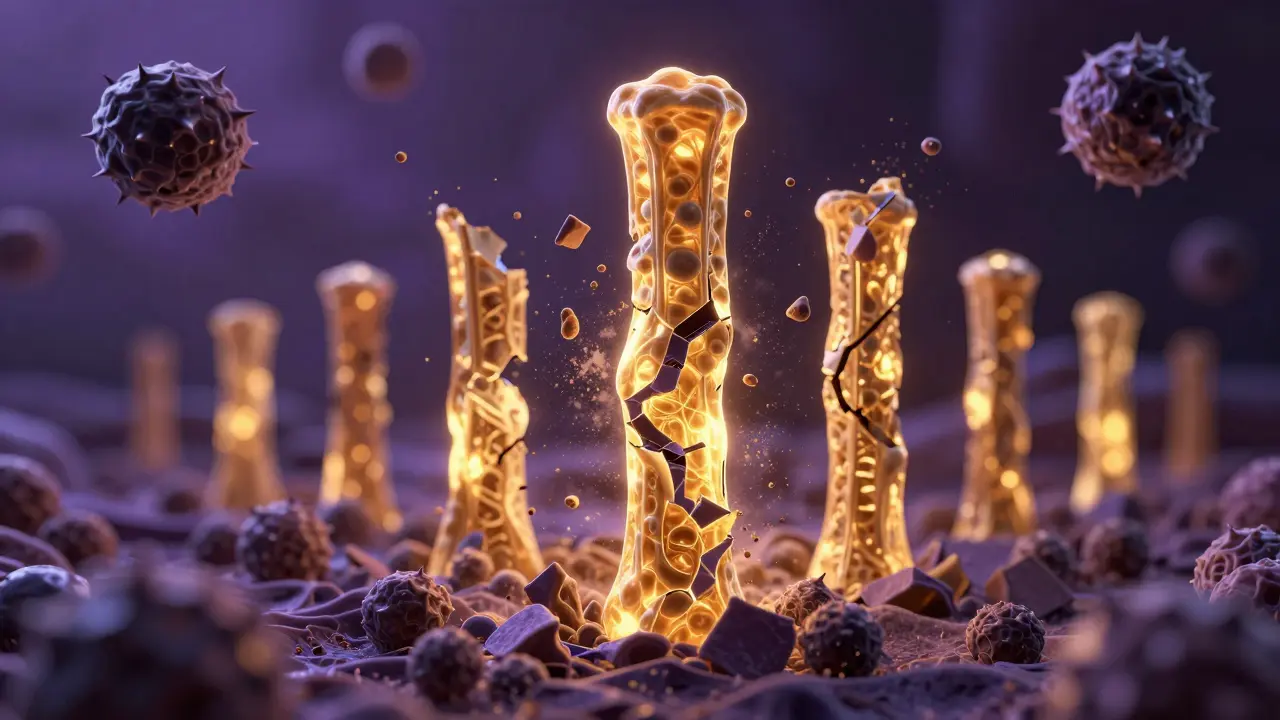 Konceptuální zobrazení rozkládání kolagenu v kůži vlivem oxidativního stresu.