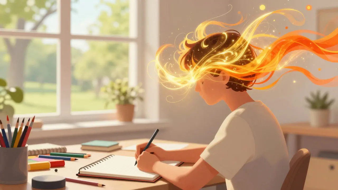 Kreativní člověk v slunitém pokoji obklopen zlatou energií symbolizující Sativu.