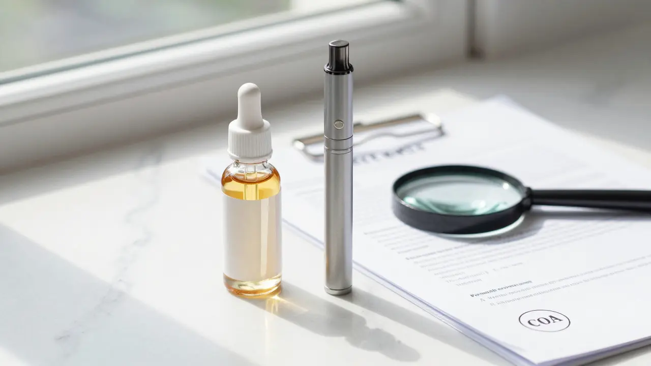 Kvalitní kanabinoidní produkty vedle laboratorního certifikátu čistoty na mramorovém stole.