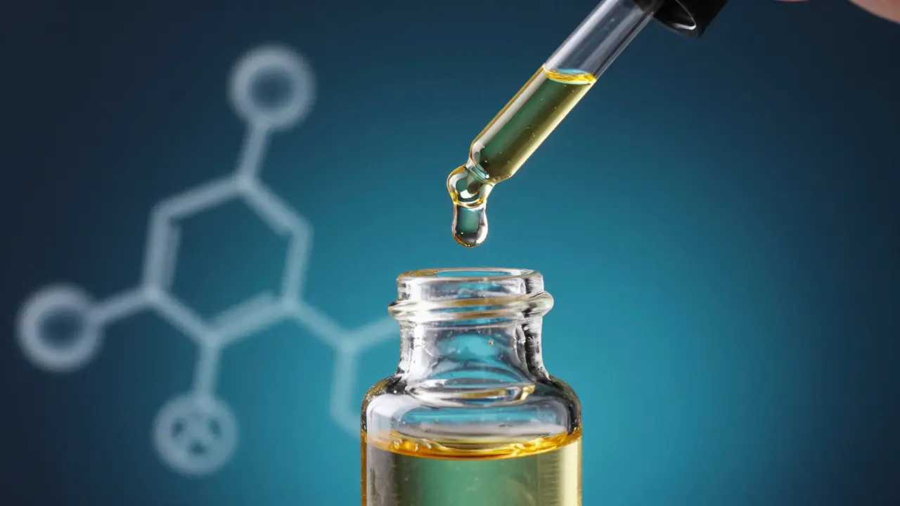 Makro detail zlaté kapky CBD oleje s vědeckou molekulární strukturou v pozadí.