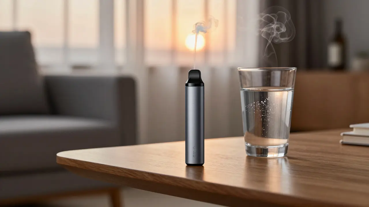 Moderní vape pen na dřevěném stole v příjemném světle