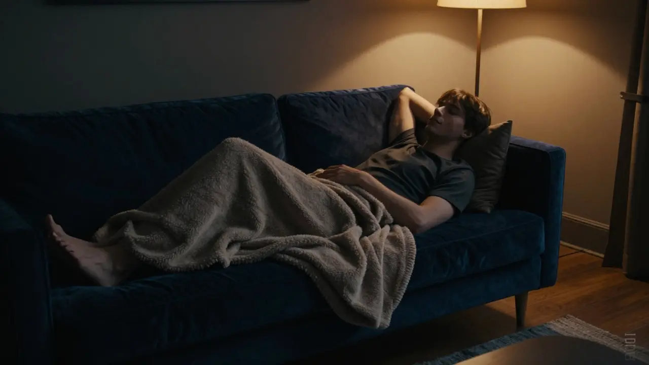 Osoba hluboce relaxující na pohoví v tlumeném osvětlení symbolizující efekt Indiky.