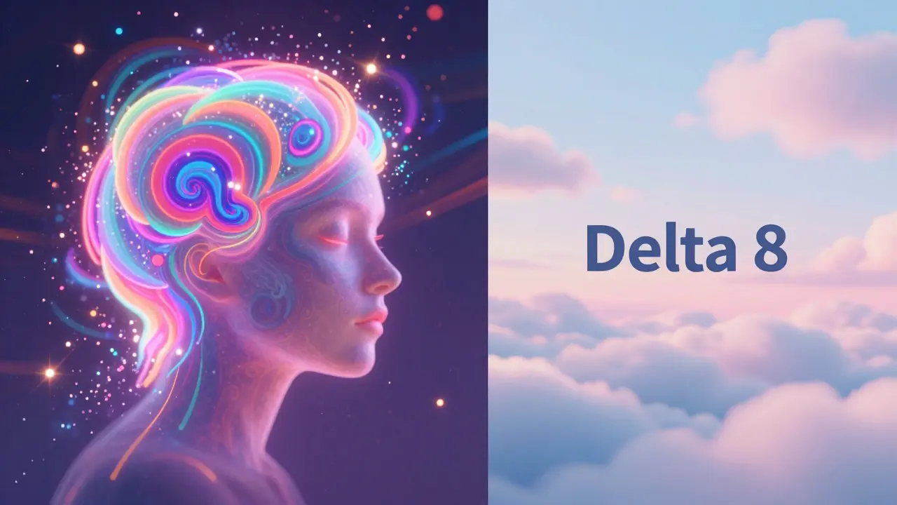 Rozdělený obraz znázornující energii a kreativitu HHC naproti klidu a relaxaci Delta 8.