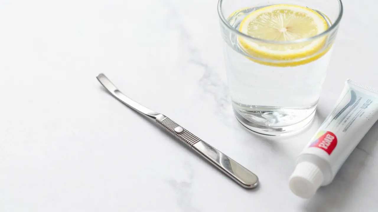 Sada pro hygienu úst včetně stěrka na jazyk a sklenice vody.