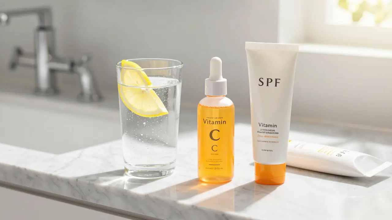 Sklenice vody, sérum s vitamínem C a SPF krém pro regeneraci pleti.