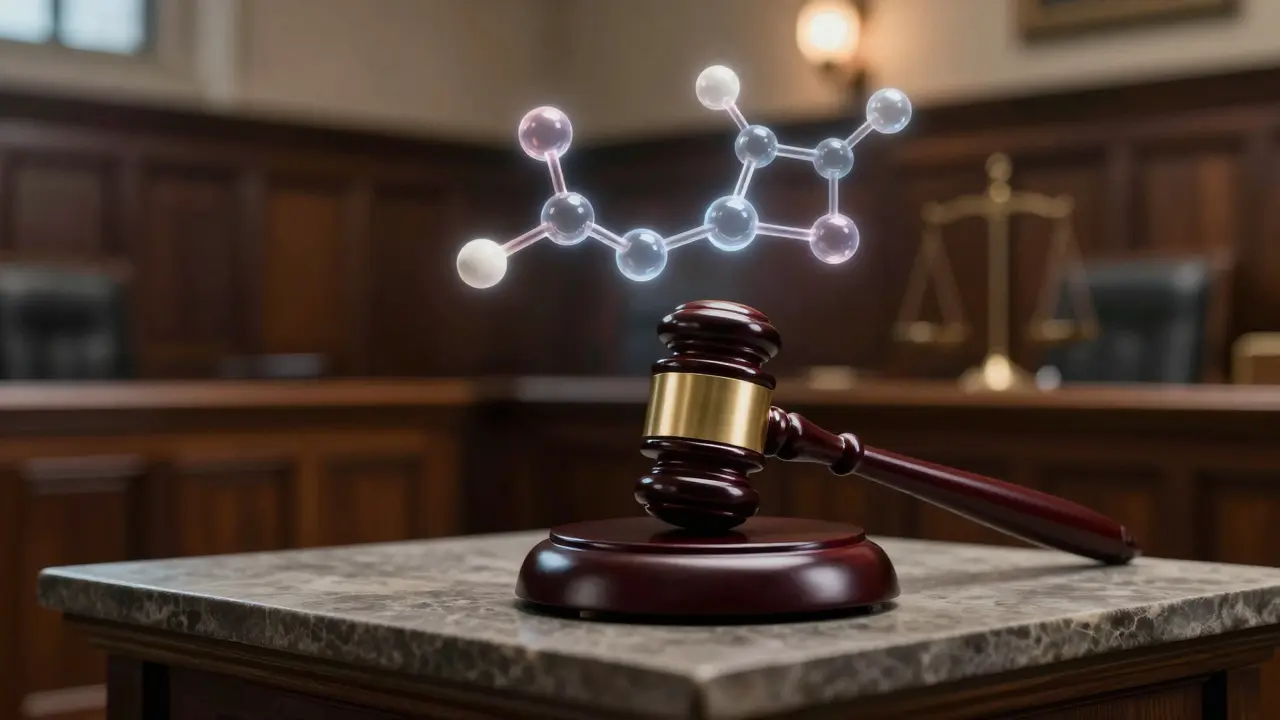 Soudní kladivo a svítící molekula kanabinoidu v atmosféře britského soudu