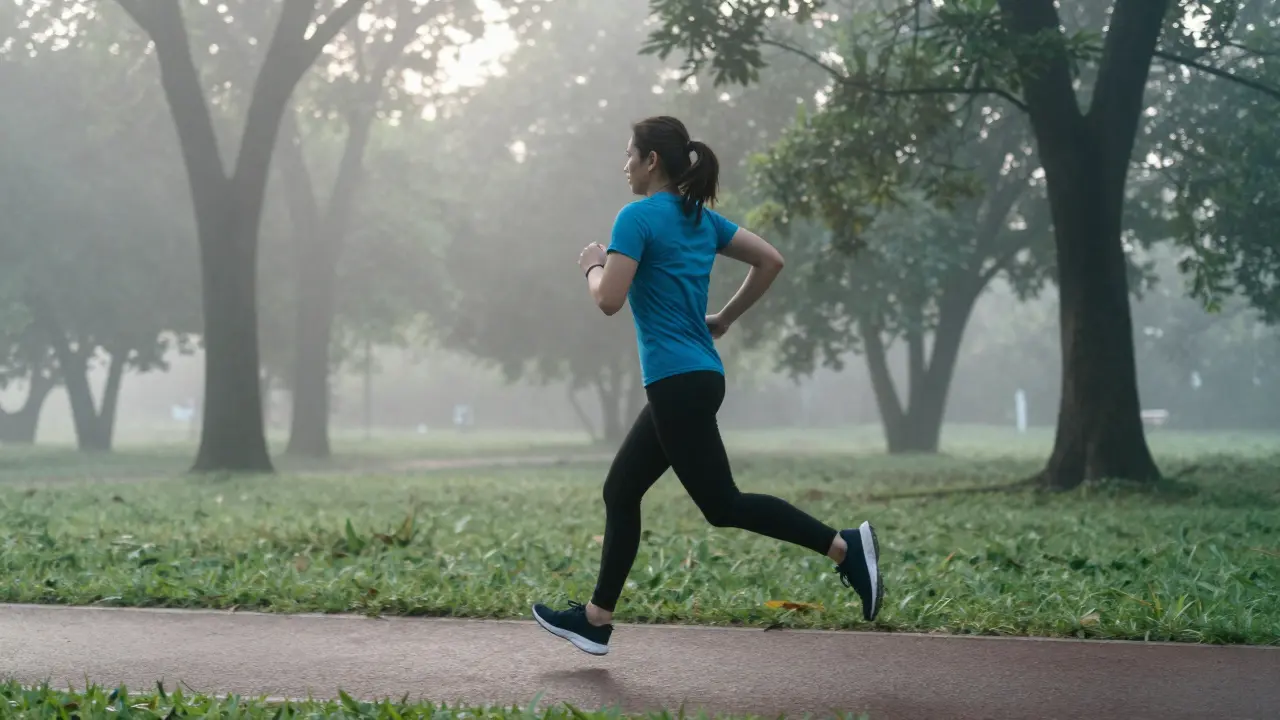Sportovec během běhu v parku symbolizující spalování tuků a detoxikaci.