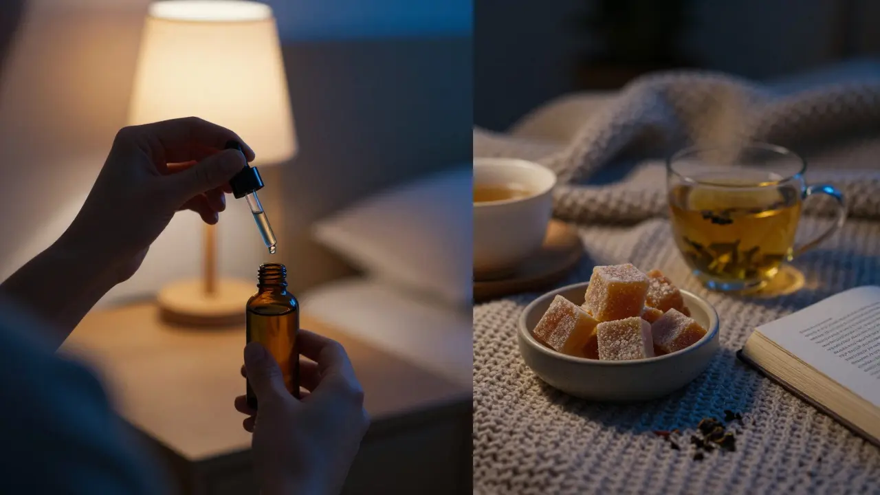 Srovnání večerního rituálu s CBD olejem a CBD gummies v útulné atmosféře.