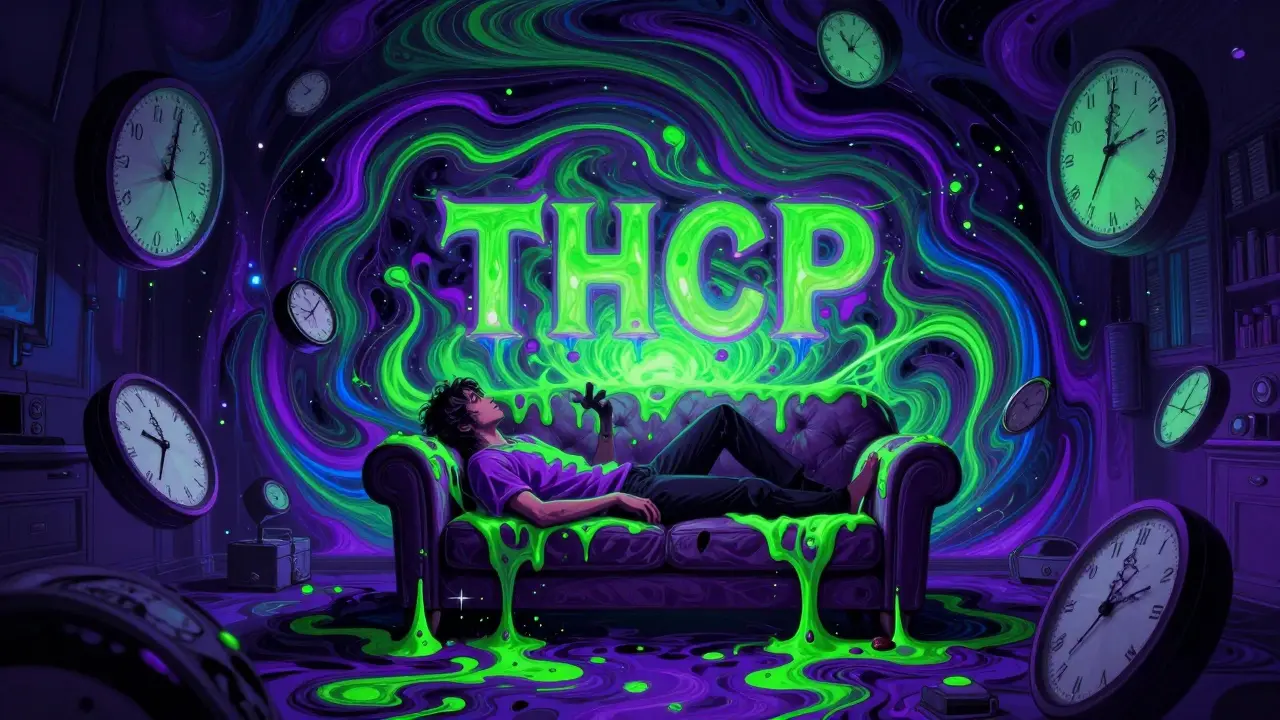 Surrealistický obraz znázornující silné psychoaktivní účinky a změnu vnímání času.