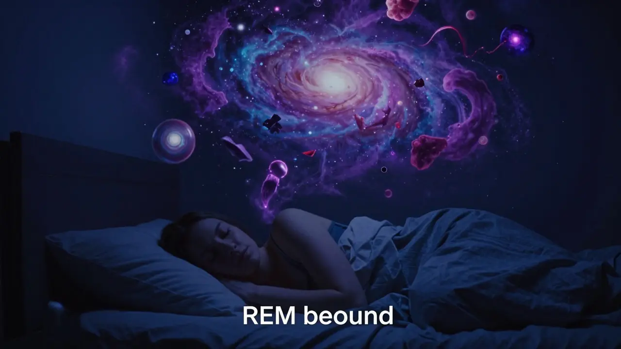 Surrealní obraz člověka v posteli s abstraktními sny nad hlavou znázornující REM fázi spánku.