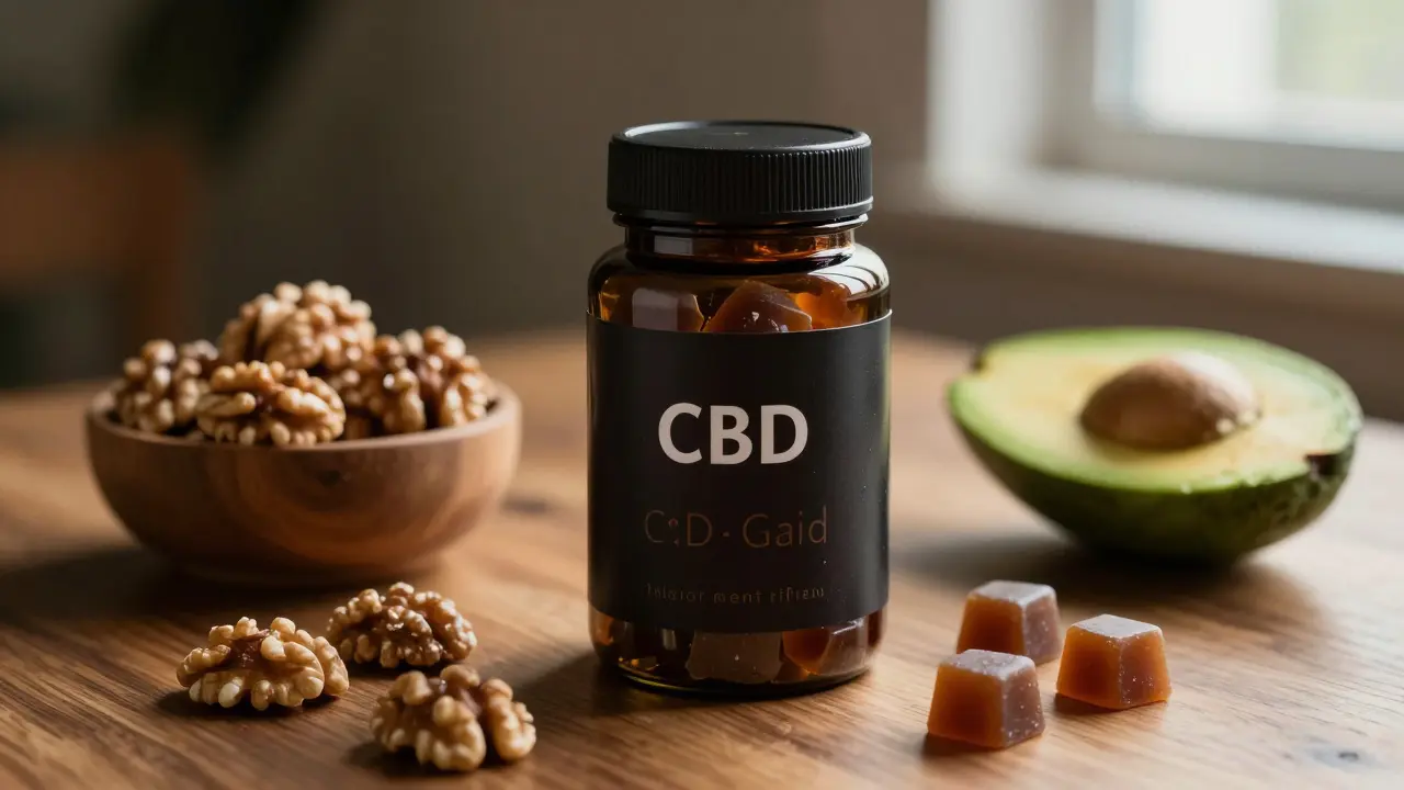 Temná skleněná nádoba s CBD bonbony vedle ořechů a avokáda.