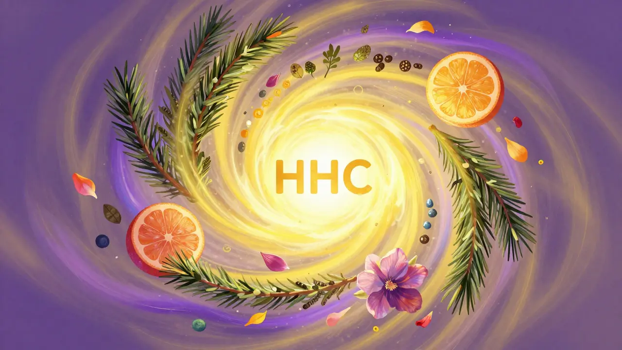 Umělecká reprezentace efektu doprovodu s HHC a terpeny