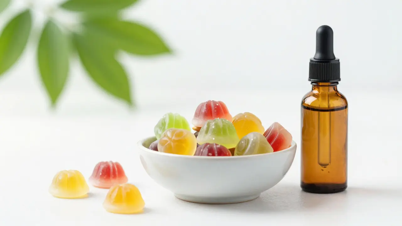 Zdravé alternativy HHC: barevné žvýkací bonbóny a lahvička s kapkami.