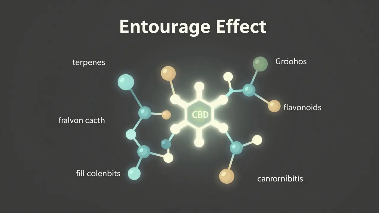 Abstraktní ilustrace entourage efektu ukazující propojení kanabinoidů a terpenů kolem molekuly CBD.