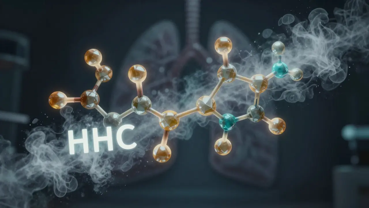 Abstraktní ilustrace molekul HHC přeměňujících se na páru