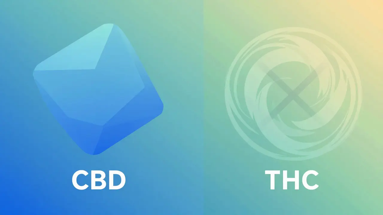 Abstraktní ilustrace porovnávající klidný CBD efekt s vybledlým THC symbolem.