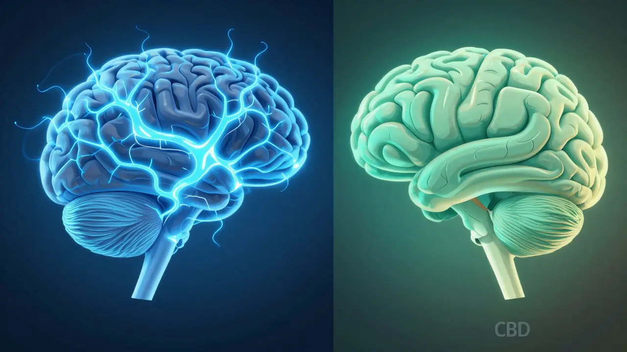 Abstraktní ilustrace rozdílu mezi stimulací mozku nikotinem a relaxací CBD