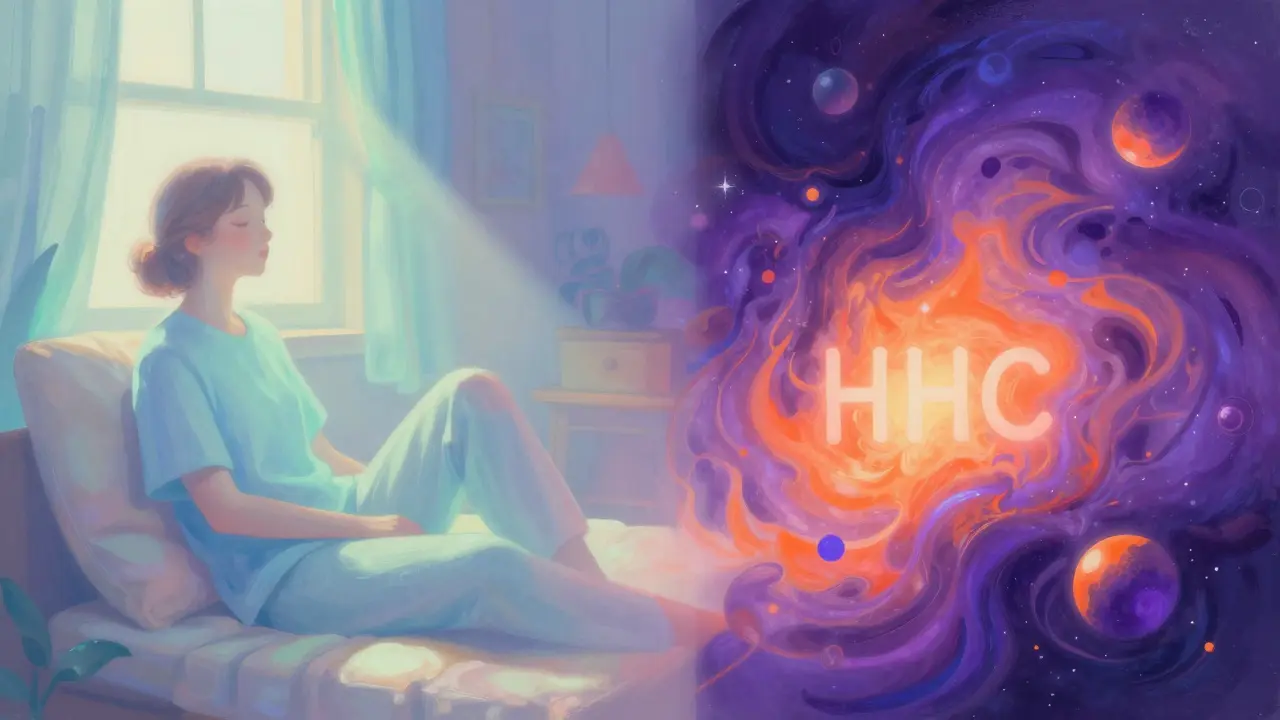 Abstraktní ilustrace rozdílů v pocitech mezi jemným Delta-8 a silným HHC