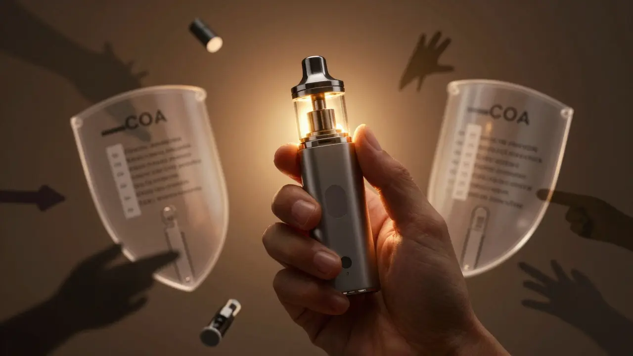 Abstraktní obraz bezpečného výběru vape zařízení s důrazem na testování a ochranu.
