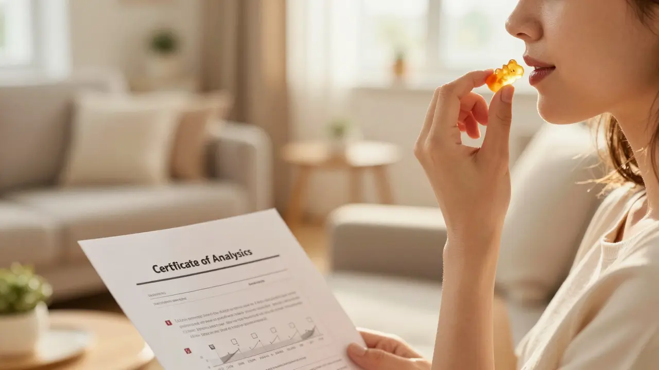 Člověk relaxující s CBD tyčinkou, v popředí dokument certifikátu analýzy.