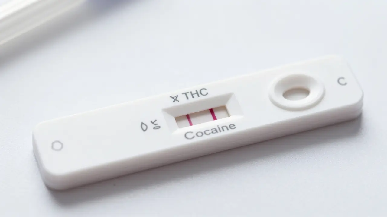 Detail rychlého testovacího kazety na drogy s výsledkovými okny