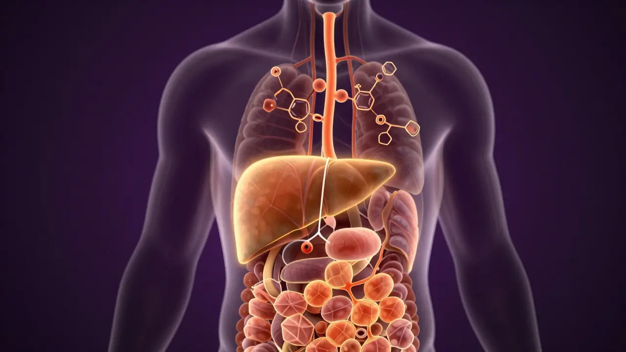 Ilustrace metabolismu HHC v těle, jaterní a tukové tkáně
