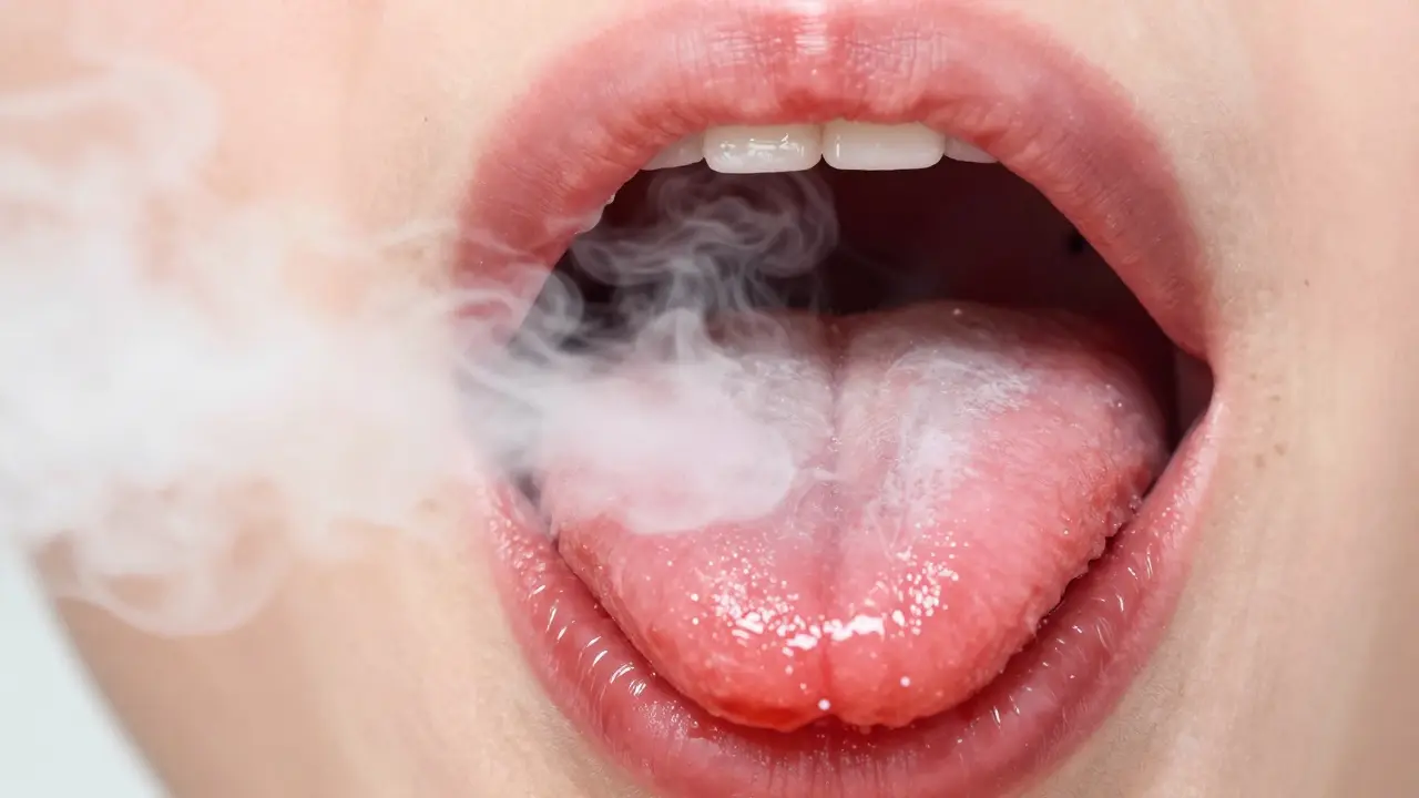 Ilustrace ukazující rozdíl mezi zdravou a podrážděnou sliznicí hrtanu po vapingu.