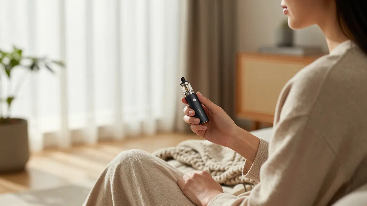 Klidná osoba užívající CBD vape v osvětleném obývacím pokoji