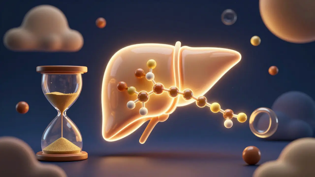 Konceptuální zobrazení metabolismu THC v játrech a časového zpoždění účinku