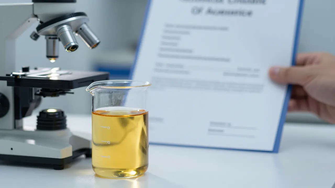 Laboratorní scéna s kapalinou a dokumentem o analýze pro ověření kvality produktu.