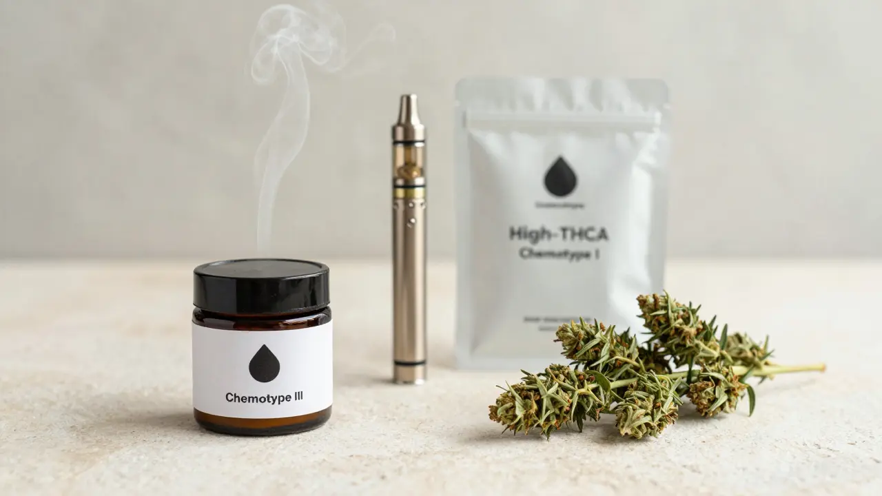 Produkty konopí rozdělené podle obsahu CBD a THCA na kamenném povrchu