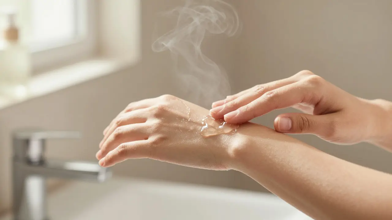 Ruce jemně masírující gel do pokožky předloktí v klidném prostředí.