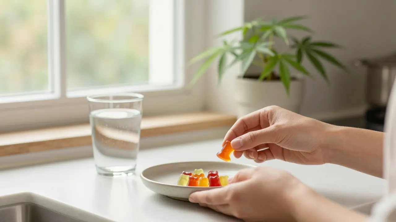 Ruka držící jeden CBD gummy medvídek v klidném domáckém prostředí s rostlinou konopí na pozadí.