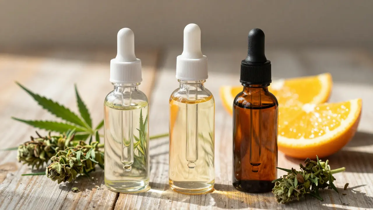 Tři lahvičky s různými typy CBD oleje na dřevěném stole