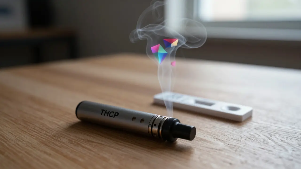 Vape pera s abstraktními tvary páry a rozmazaný test na drogy na pozadí