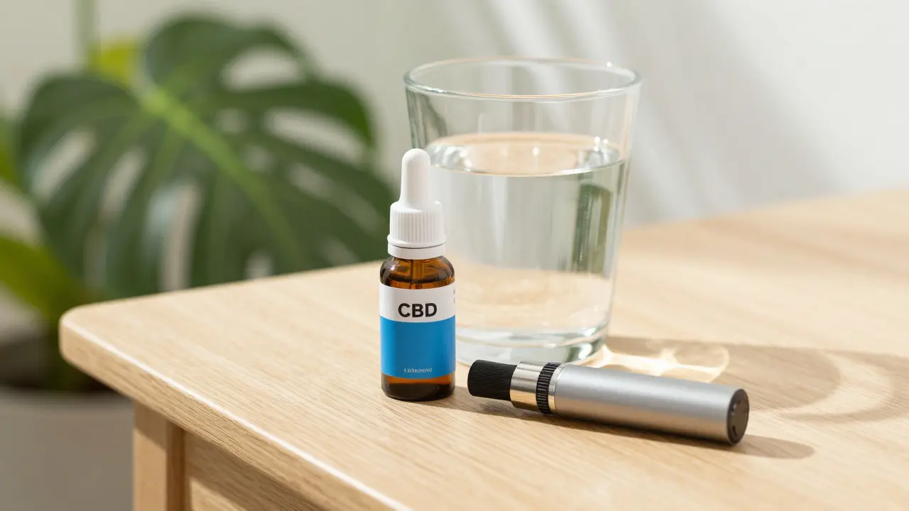 Voda, kapky na oči a CBD vape na stole