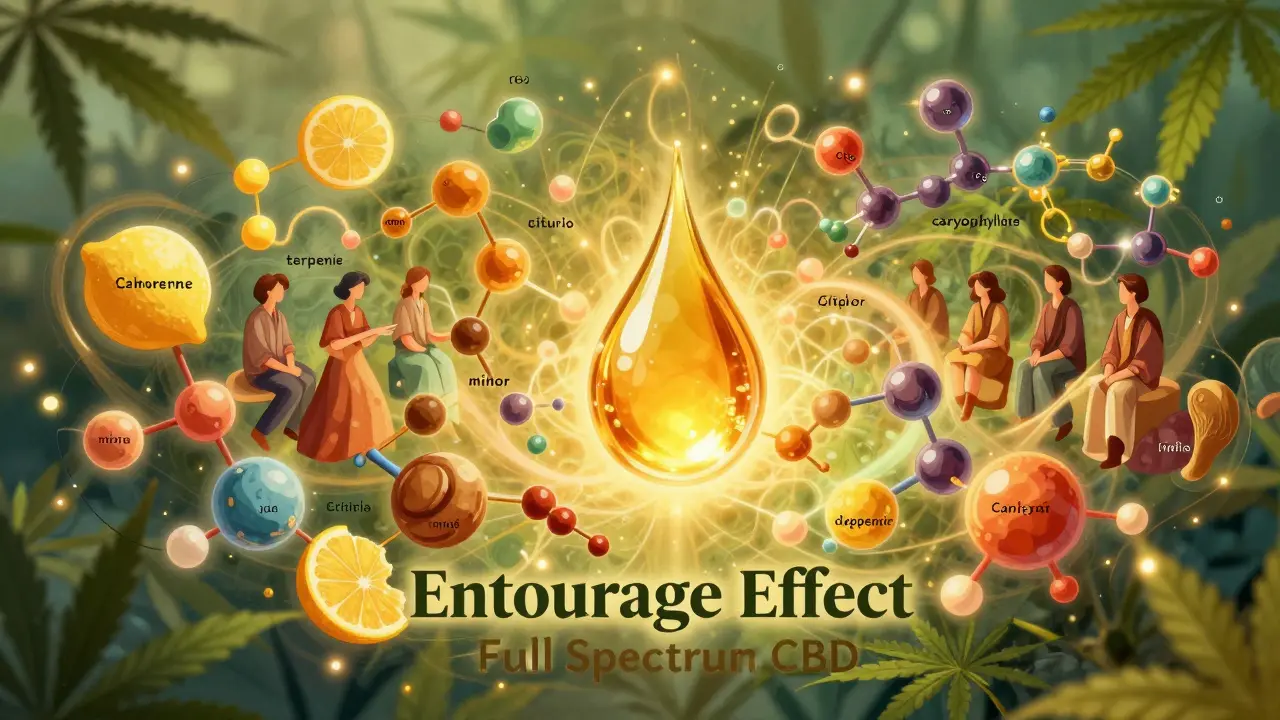 Zlatá kapka full spectrum CBD obklopená barevnými molekulami