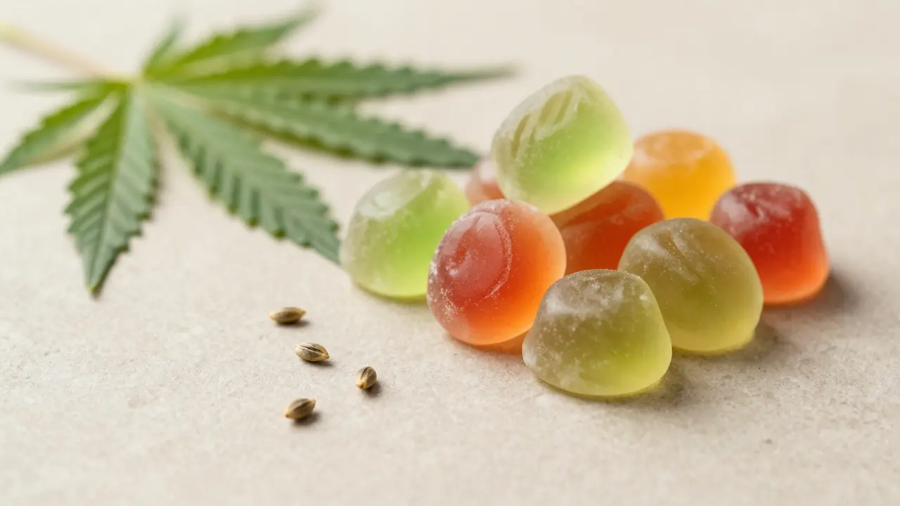 Barevné CBD gumičky na kamenném povrchu s konopnými listy