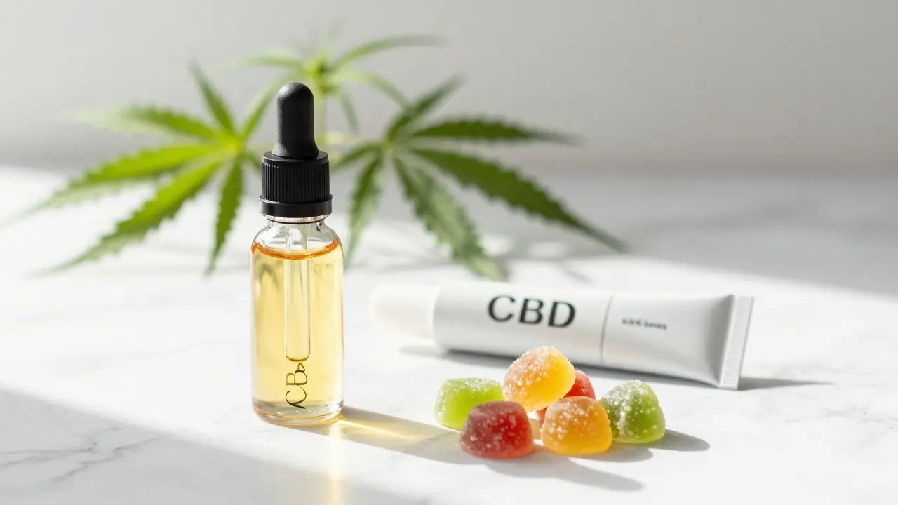 Bezpečné alternativy k vapingu: CBD olej, gumičky a krém na mramorovém stole
