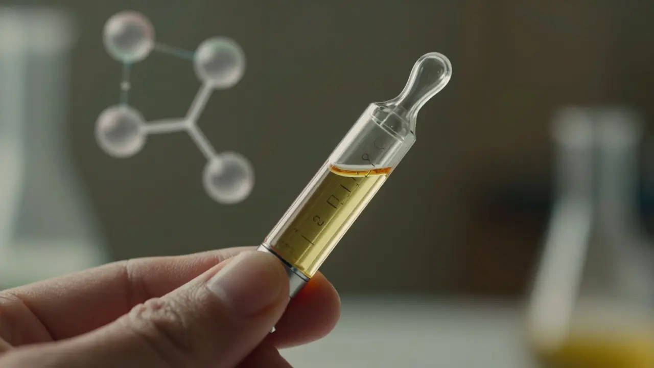 Detailní záběr na THC náplň do vapu s molekulární vizualizací