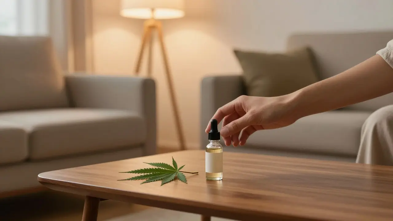 Elegant dropper bottle on a coffee table in a warm, relaxing living room