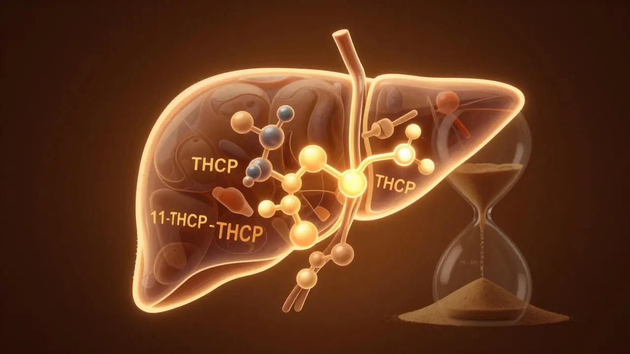 Ilustrace jater s molekulami ukazující metabolismus při orálním užití.