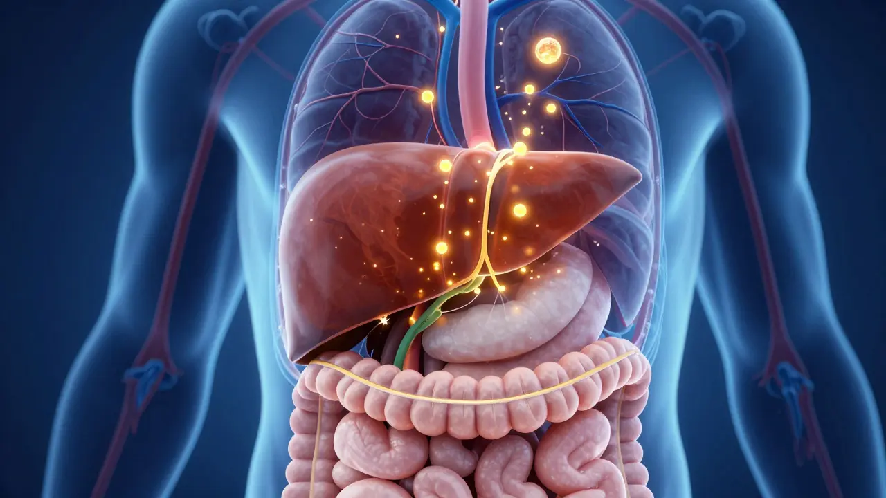 Ilustrace metabolismu CBD v játrech psa s částicemi