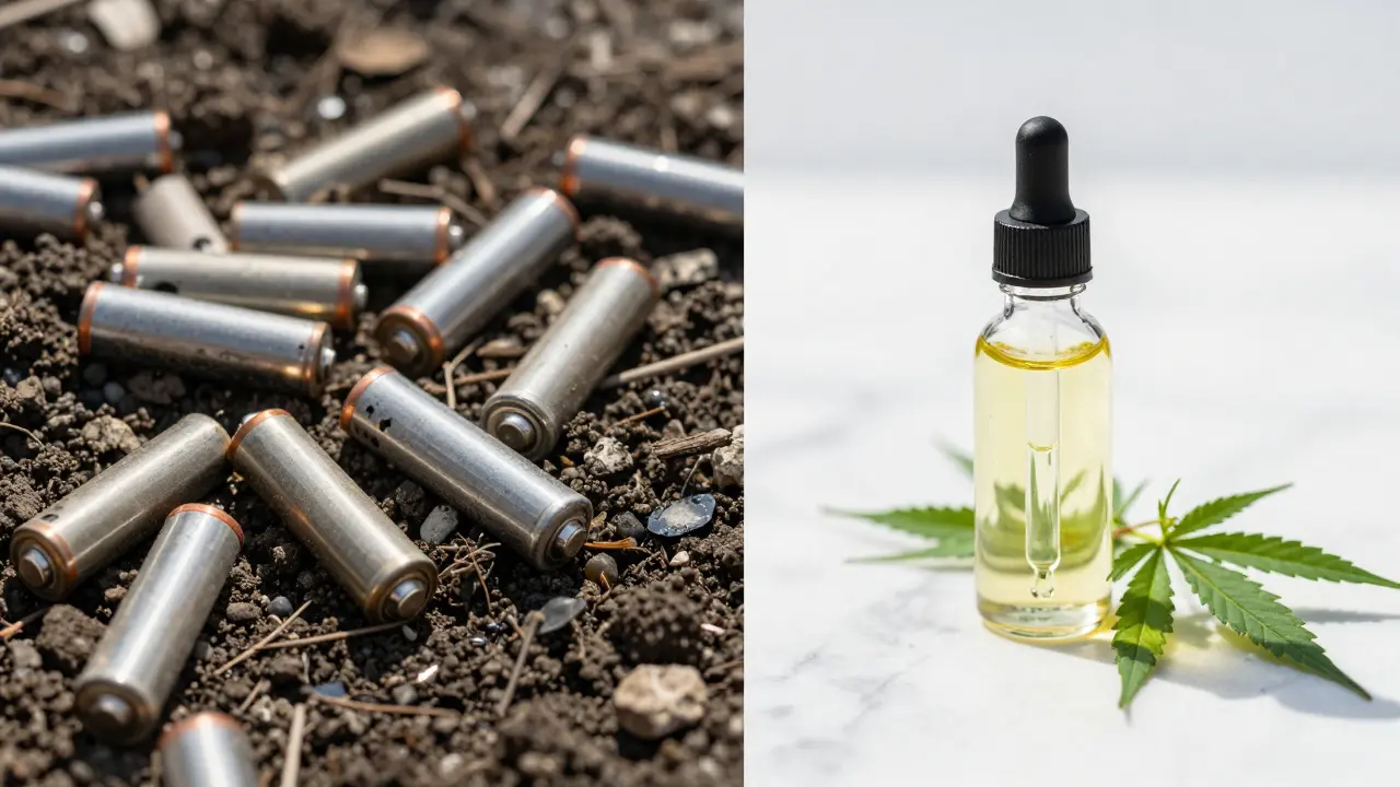 Kontrast mezi odpadem z jednorázových vape a čistým CBD olejem v lahvičce.
