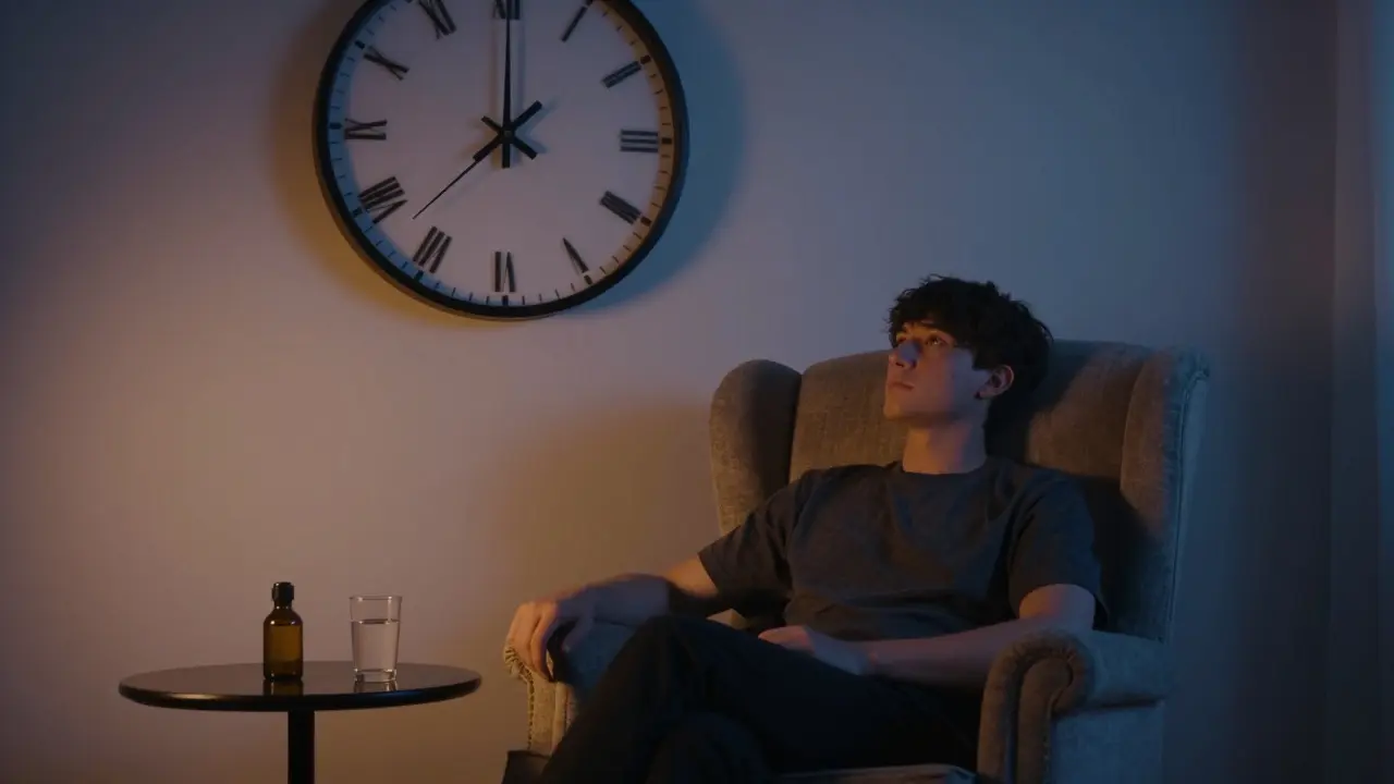 Osoba v klidné místnosti čekající na účinky kanabinoidů vedle hodin.