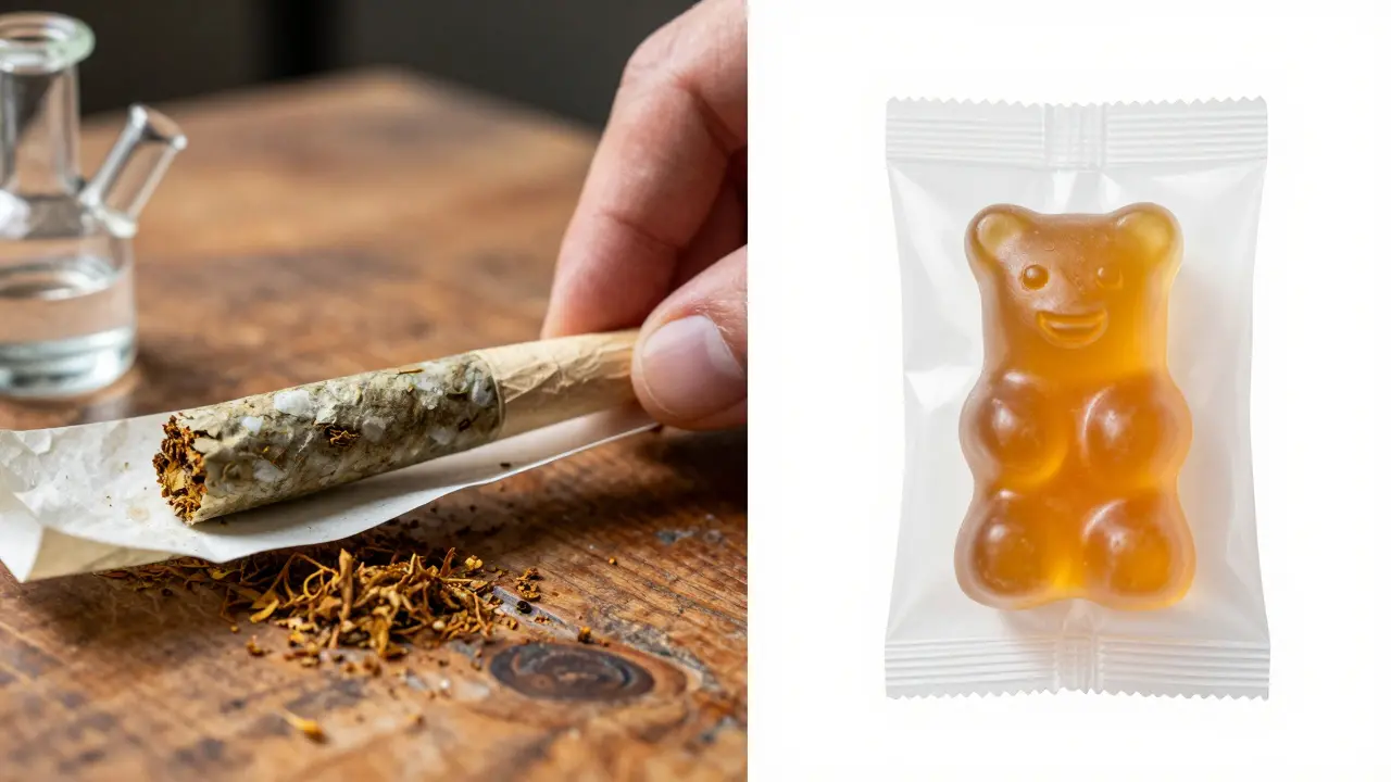 Porovnání ručně válané jointu z 70. let a moderního THC medvídkového bonbónku.