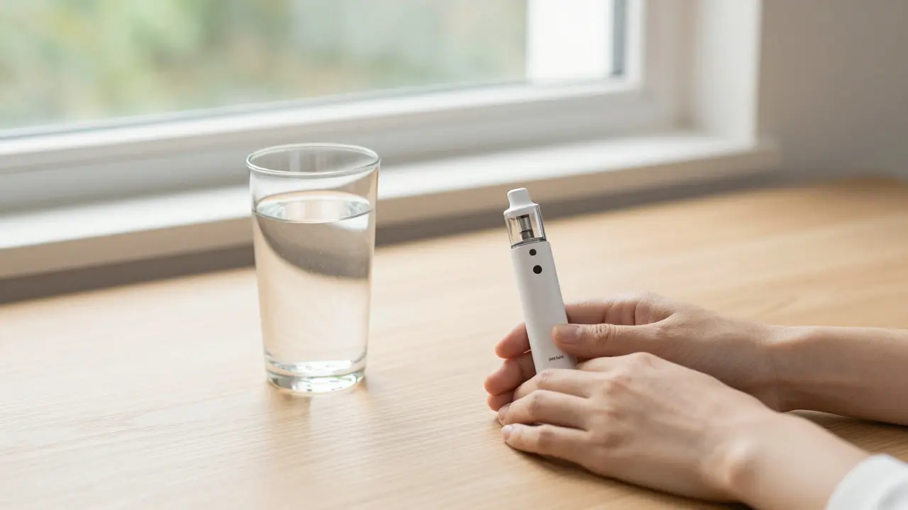 Ruce u sklenice vody a vap pera pro bezpečné užívání