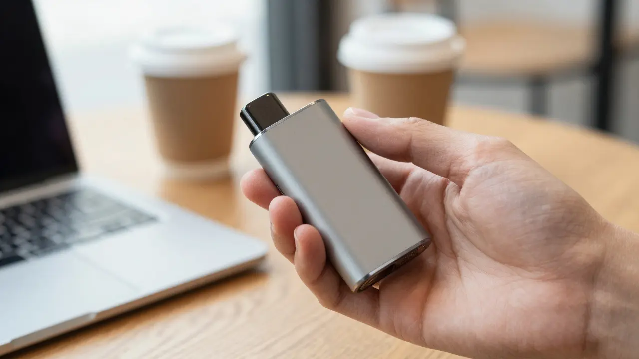Ruka drží kompaktní vaporizér v běžném prostředí, ilustruje snadné užívání